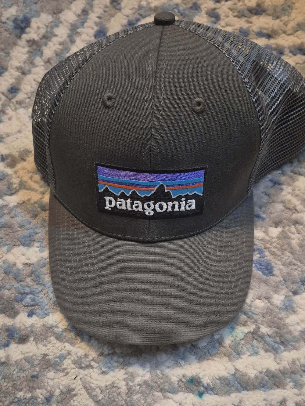 Patagonia Gray Trucker Hat with Purple & Blue Mountain Logo